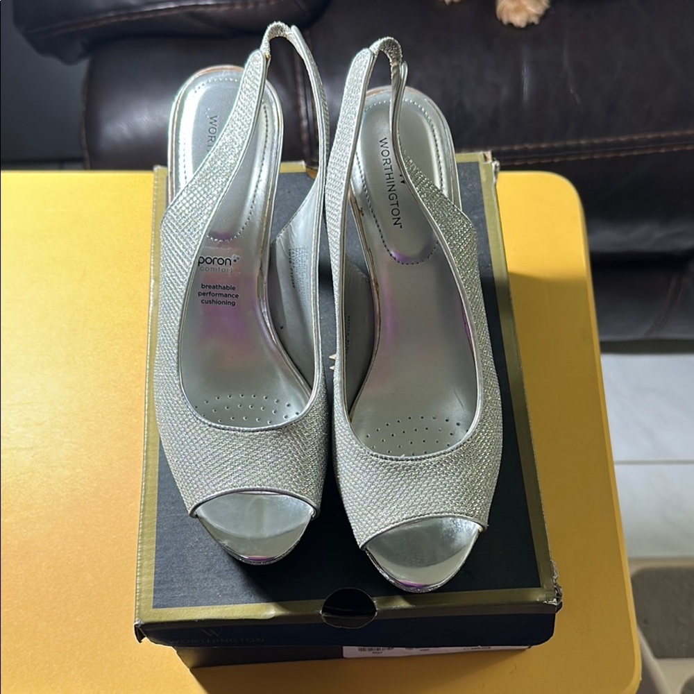 Worthington Silver Slingback Heels with Peep-Toe Design